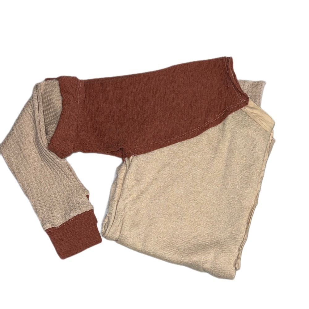 Gilded Intent Colorblock Waffle Knit Henley Top Size Small Cream Rust Raglan - Picture 4 of 8
